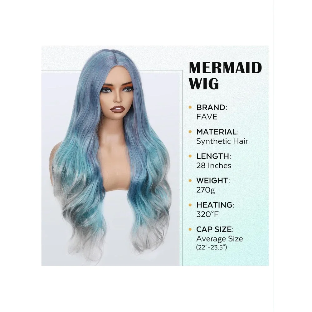 FAVE Mermaid Wig Ombre Blue Mixed Lilac Gray Long Wavy 28